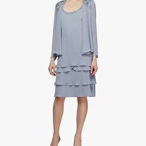 S.L. Fashions Silver Gray Beaded Chiffon Dress & Jacket – Size 16